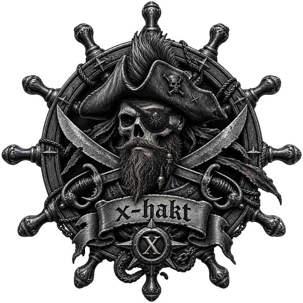 The x-hakt maker's seal: a bearded pirate skull in a ship's wheel over crossed cutlasses.