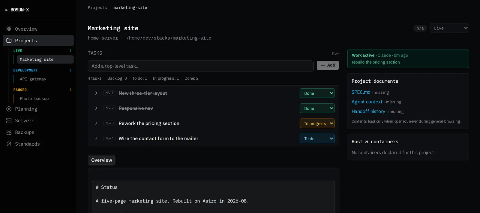 A project's page: task board, active handoff, spec and docs